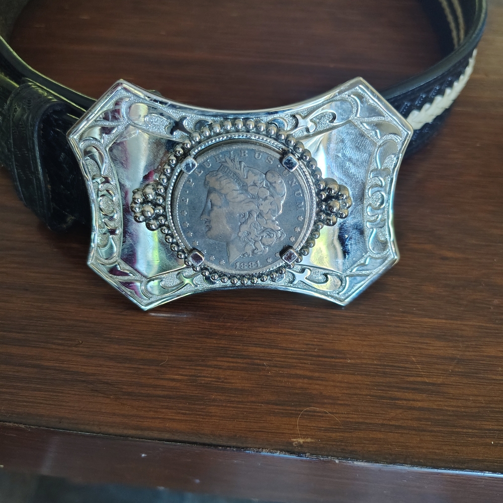 Vintage Western Coin Belt 1881 Morgan Dollar Buckle Leather Tooled UNISEX 40